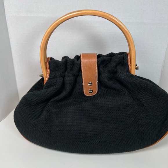 Kate Spade | Black Cotton Bag with Leather Trim and Wood Handles - Picture 5 of 12